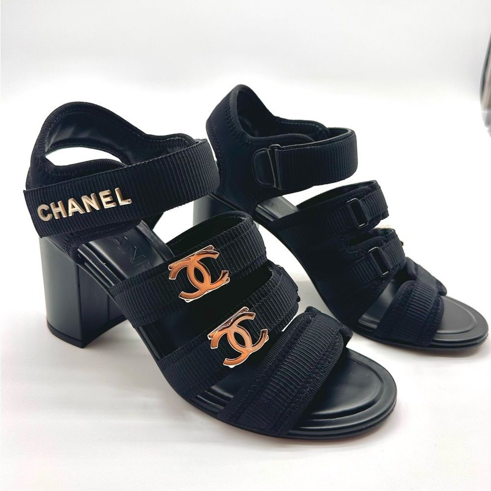 Chanel 24C Gold CHANEL & CC Logo Black Fabric Block Heel Strappy Sandals EU 37 - Picture 16 of 16